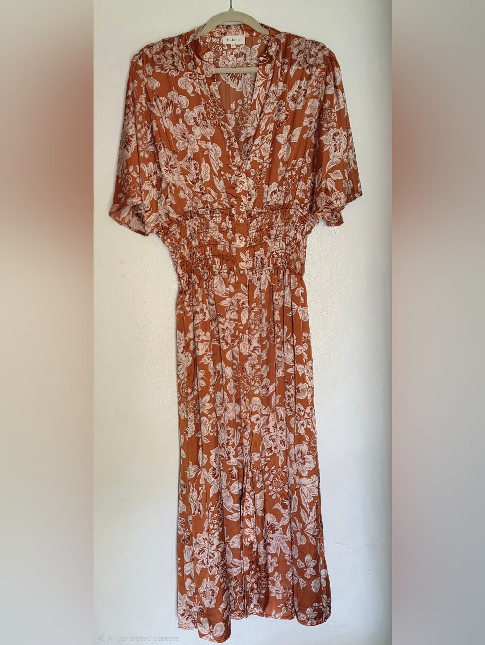 Bohme Women's Floral Shirred Waist Satin Style Midi Dress - Rust